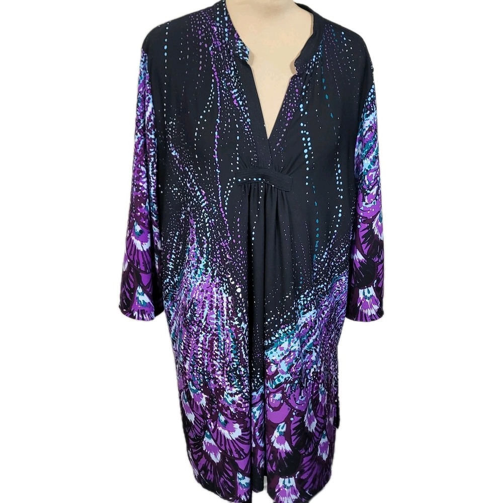 Serengeti Dress Womens 3X Purple Floral Jersey Swing Tunic V Neck 3/4 Sleeve